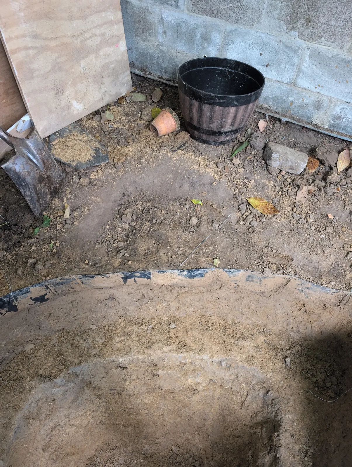 A dark, loose-filled hole in the ground at the waterfall corner where a rose bush was dug out, next to the firm pale clay wall of the pond excavation.