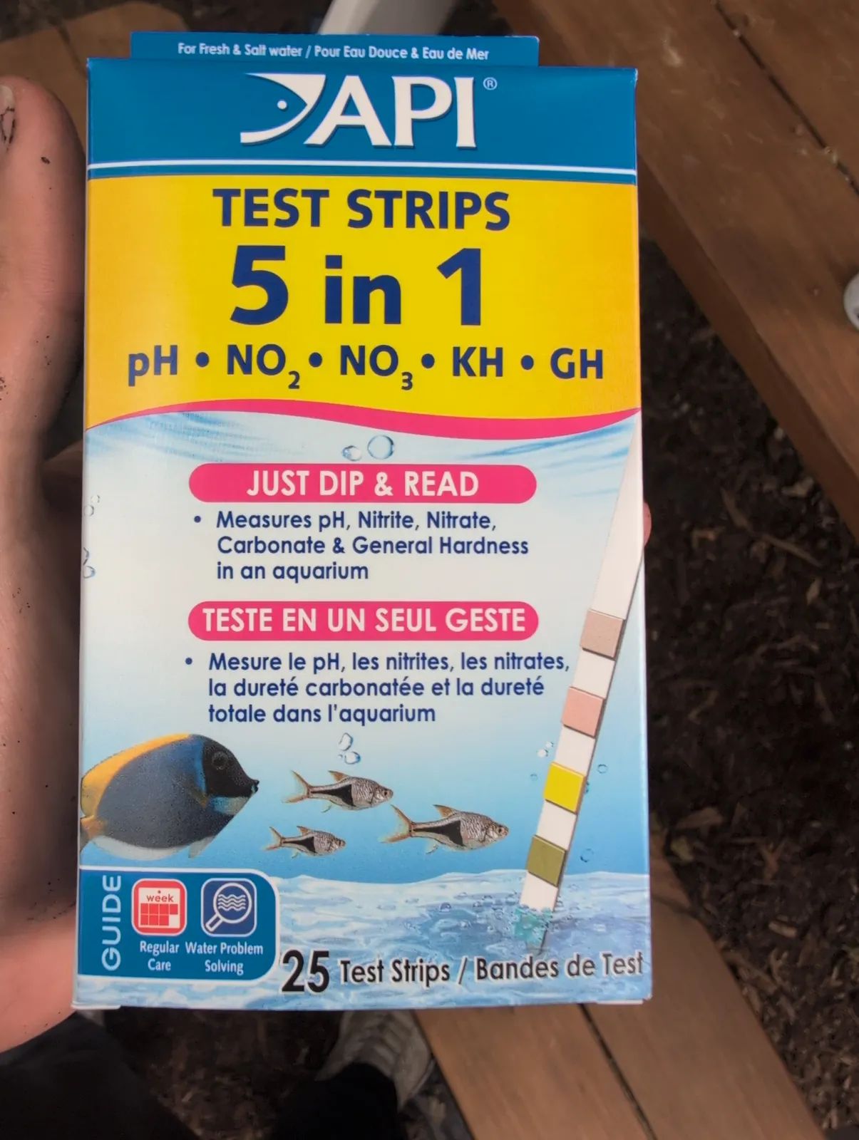 A hand holding a box of API 5-in-1 aquarium test strips measuring pH, nitrite, nitrate, carbonate hardness and general hardness.
