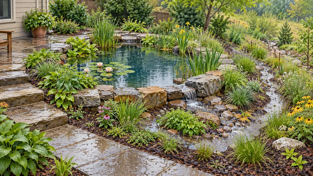 Planted drainage routes around a garden pond beside a house