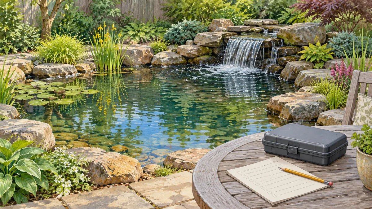 New garden pond with a test kit and commissioning checklist on a dry table