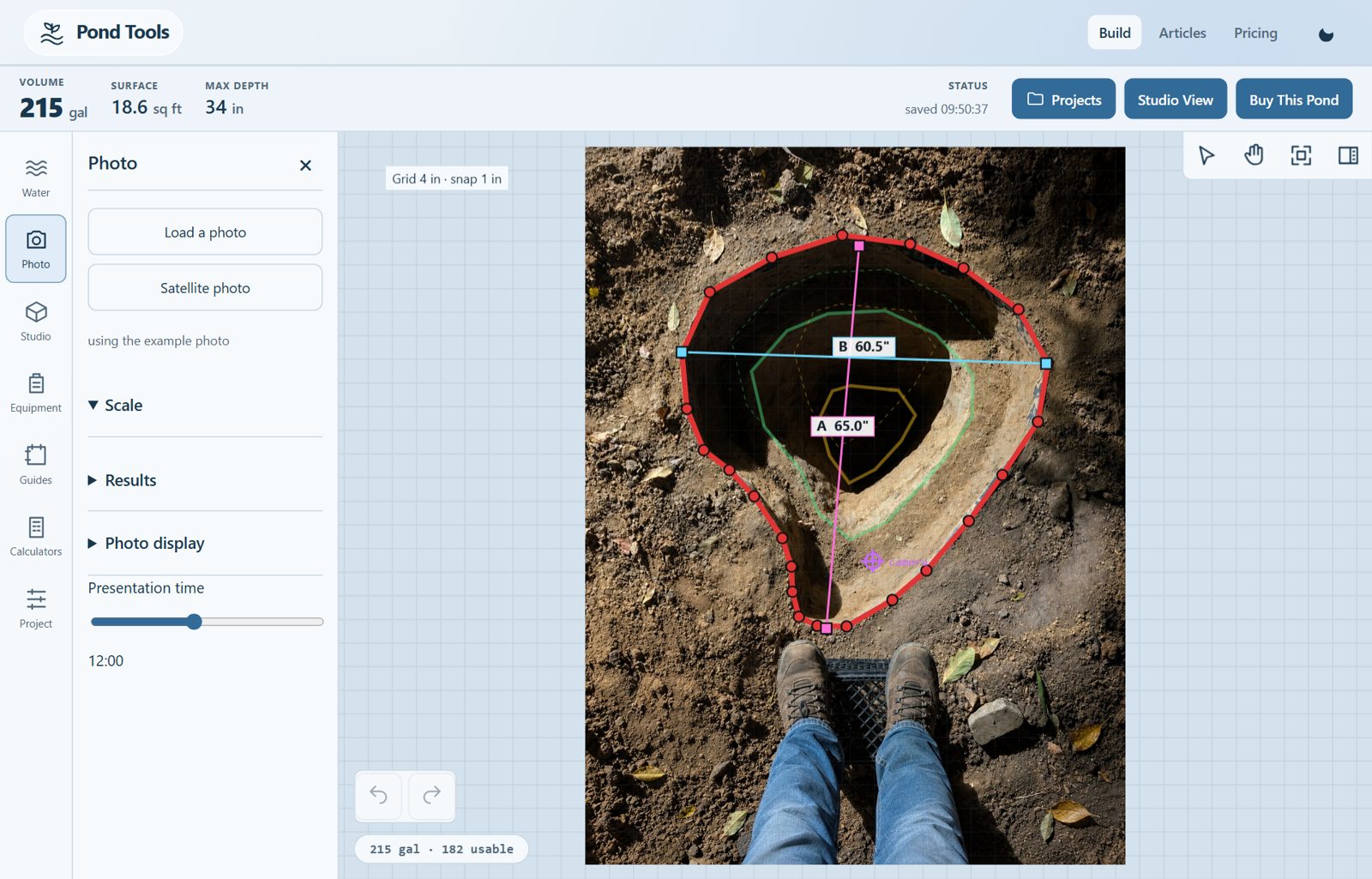 The Photo pane in Pond Tools with Load a photo and Satellite photo buttons beside a traced pond.