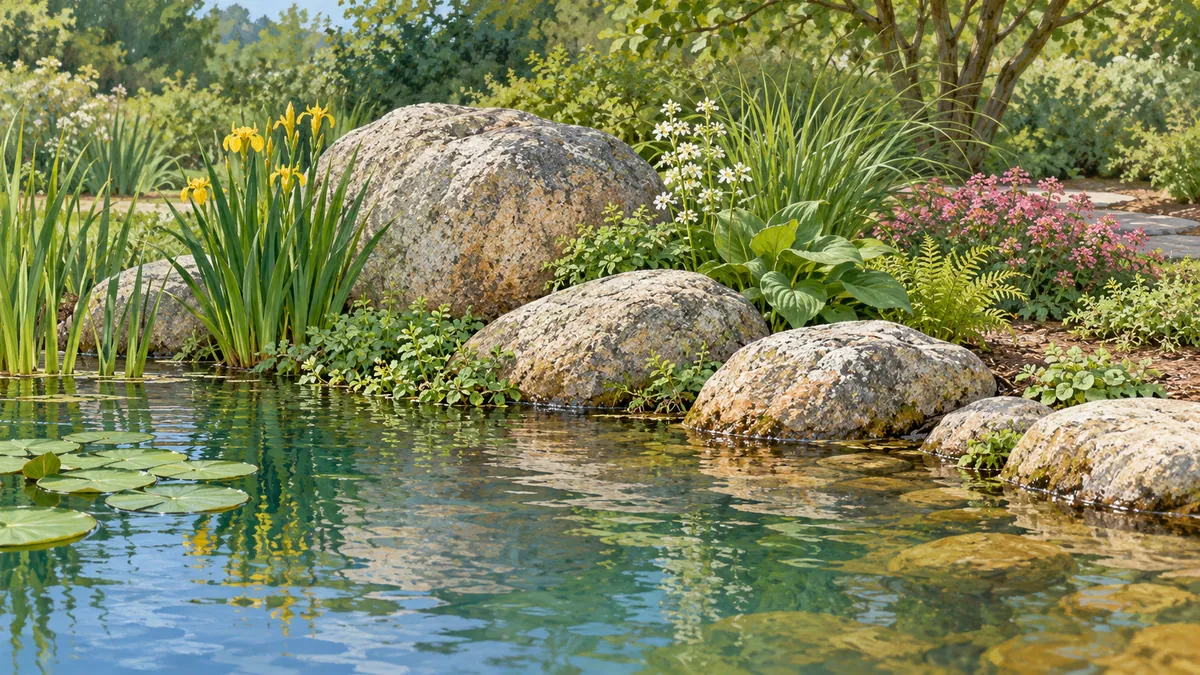 Irregular groups of partly buried boulders along a planted pond bank