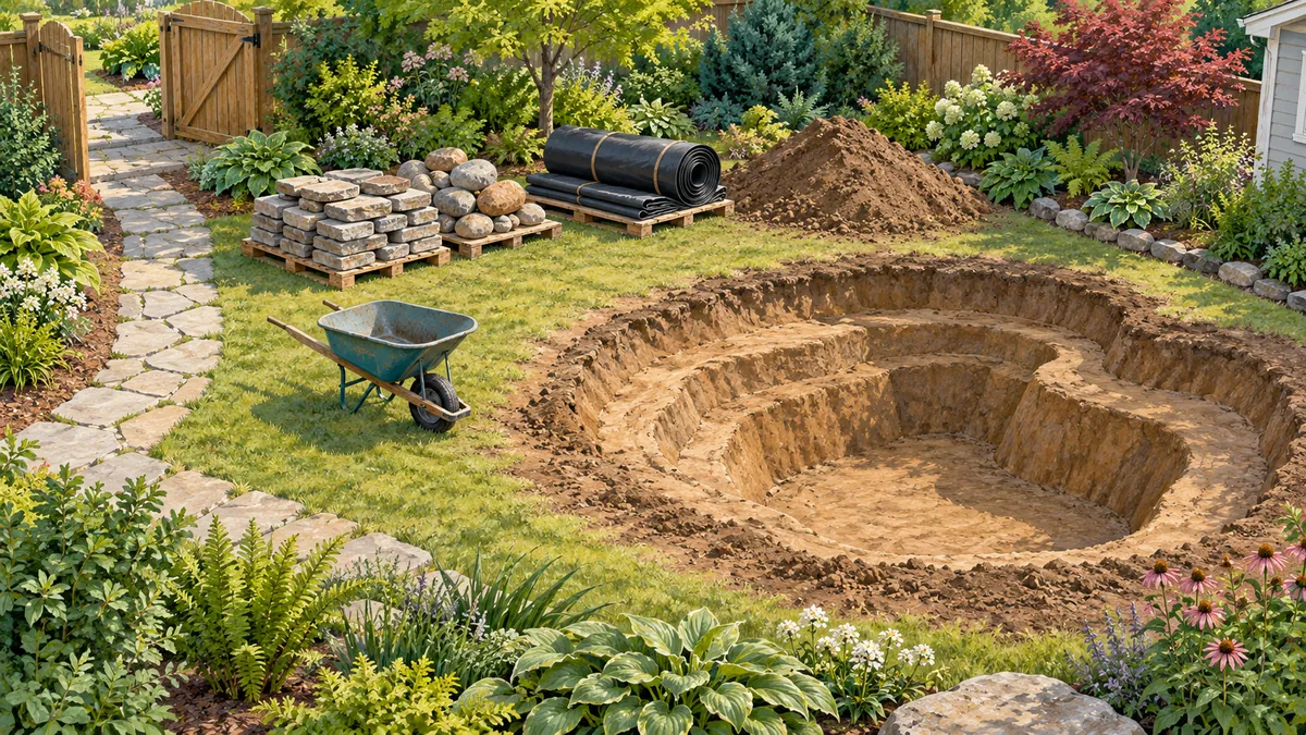 Pond excavation with separate stone, liner and soil staging beside a clear access route