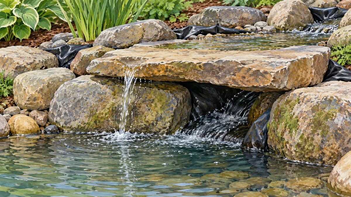 Water slipping beneath a waterfall spill stone within the lined stream