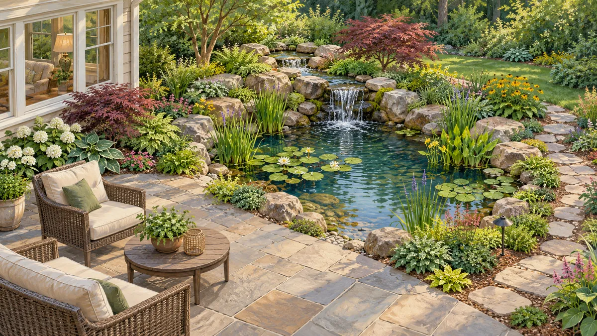 Garden pond and low waterfall visible from a house window and patio seats