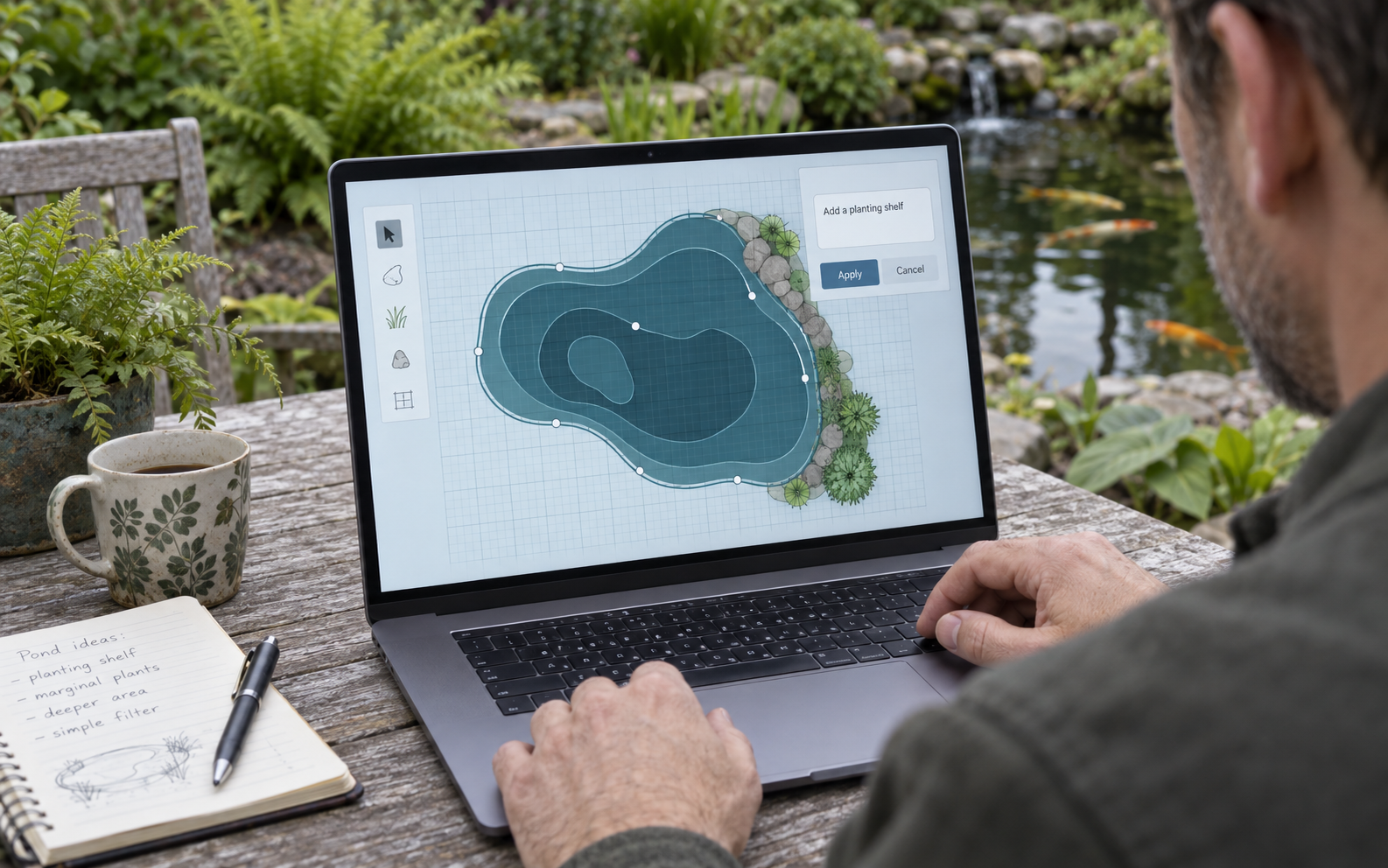 AI-generated illustration of pond contours and a design chat on a laptop in a garden