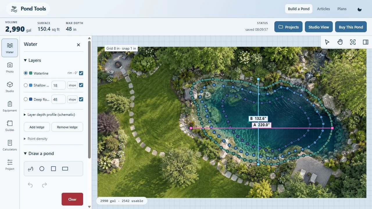 Pond Tools editor showing three editable outlines and a 2,990-gallon estimate