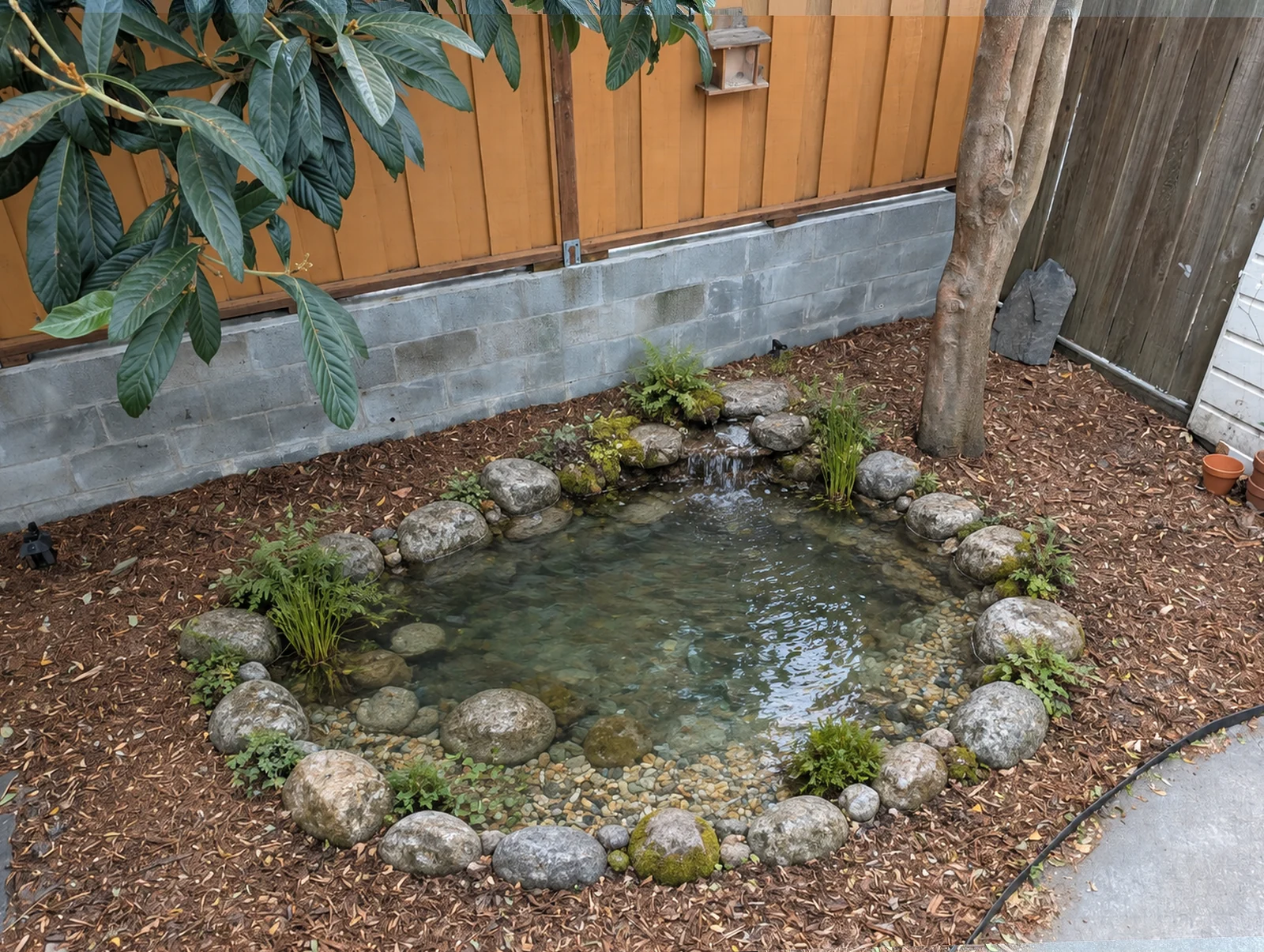 AI image of a rock-edged pond with a small waterfall in the same backyard