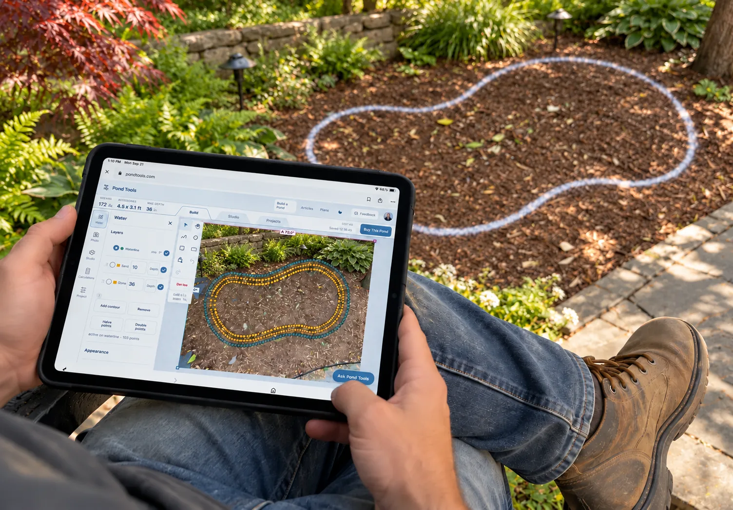 PondTools on an iPad beside a pond outline in a backyard