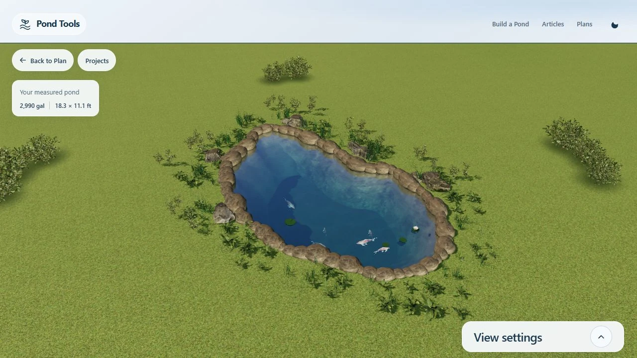 Pond Tools Studio rendering with water, koi and stone edging