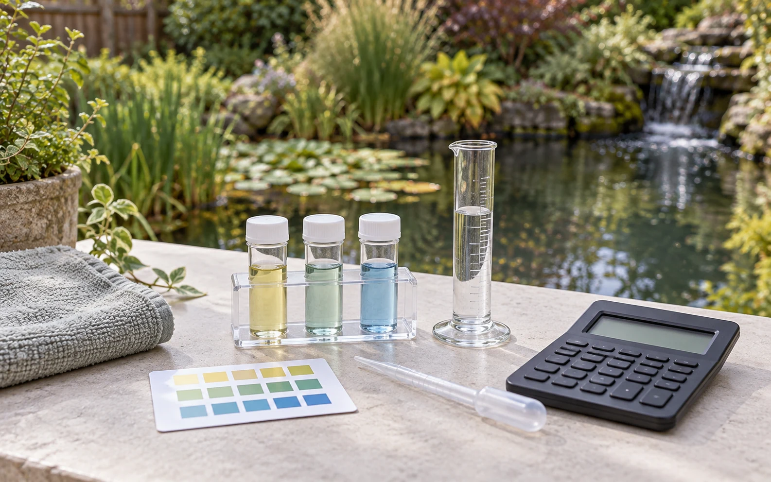 AI-generated photograph of pond-water test vials, color chart, dosing pipette and calculator