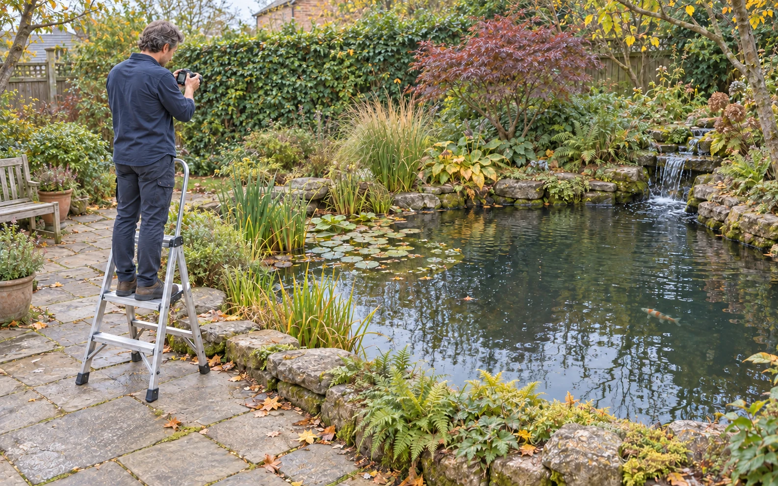 AI-generated photograph of a person photographing a garden pond from a ladder