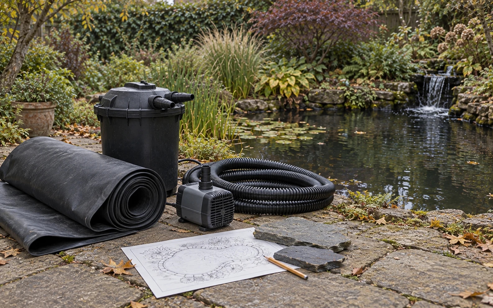 AI-generated photograph of pond liner, pump, filter and hose beside a pond plan