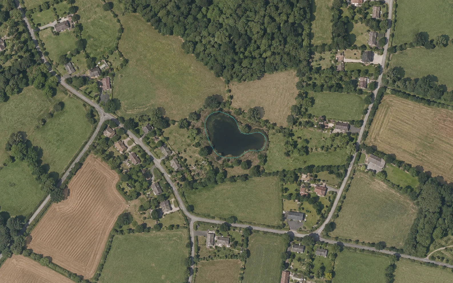 AI-generated satellite-style neighborhood view with a highlighted pond outline