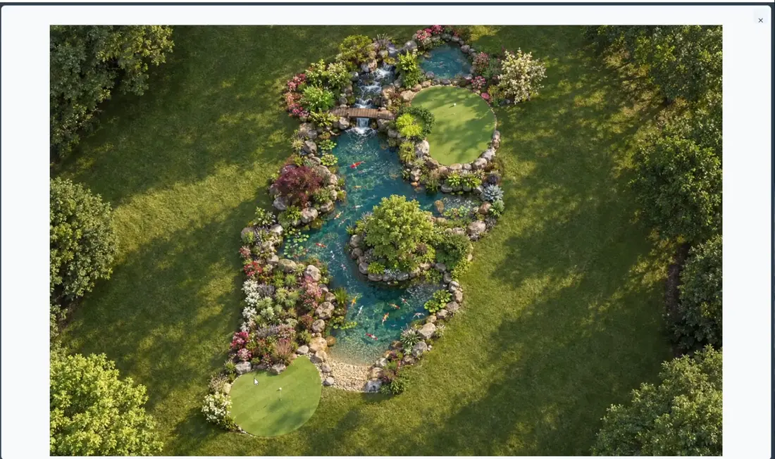 Overhead AI pond concept with planted edges, waterfalls and a garden path, created in PondTools.