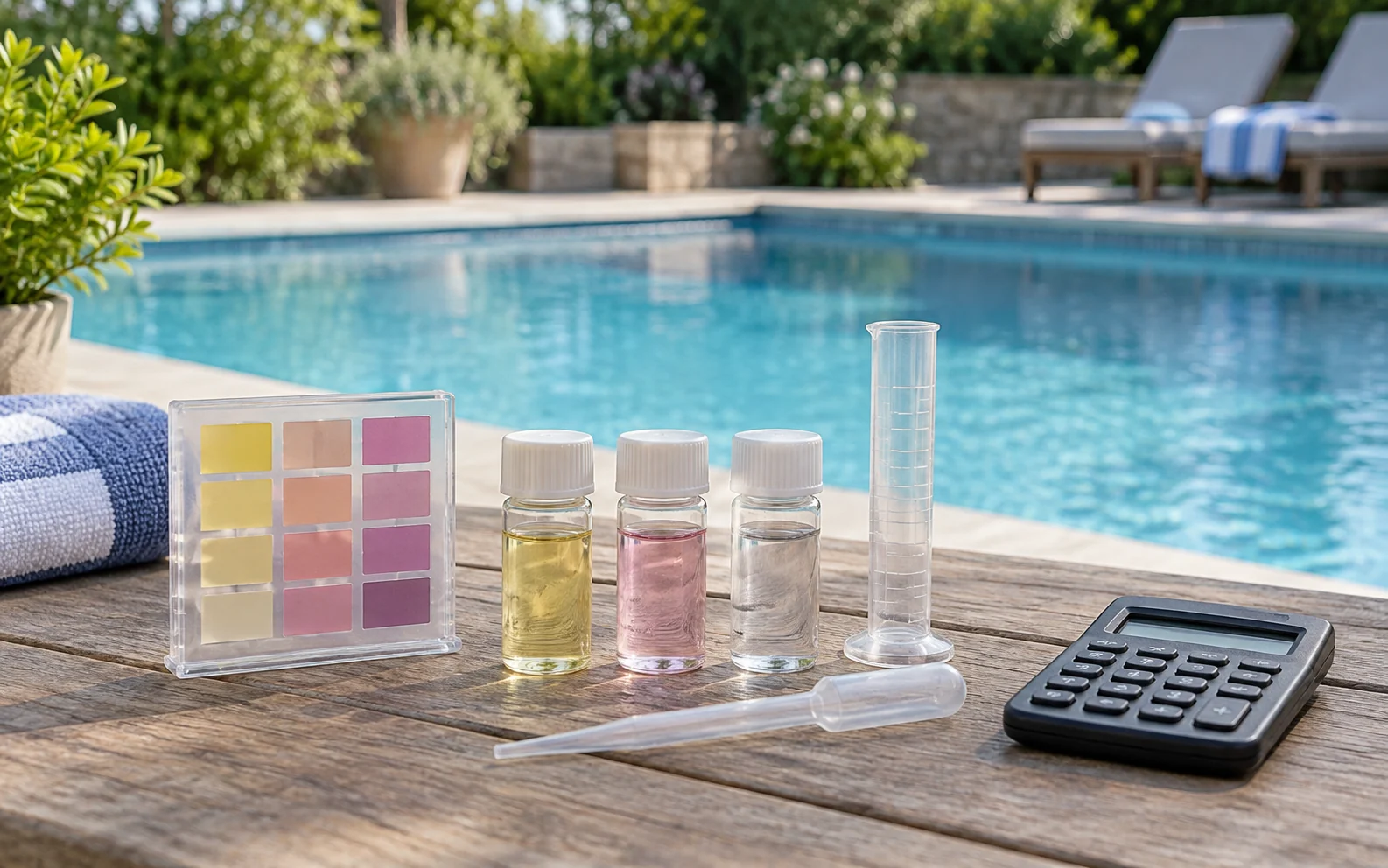 AI-generated photograph of pool-water test vials, color chart, dosing pipette and calculator