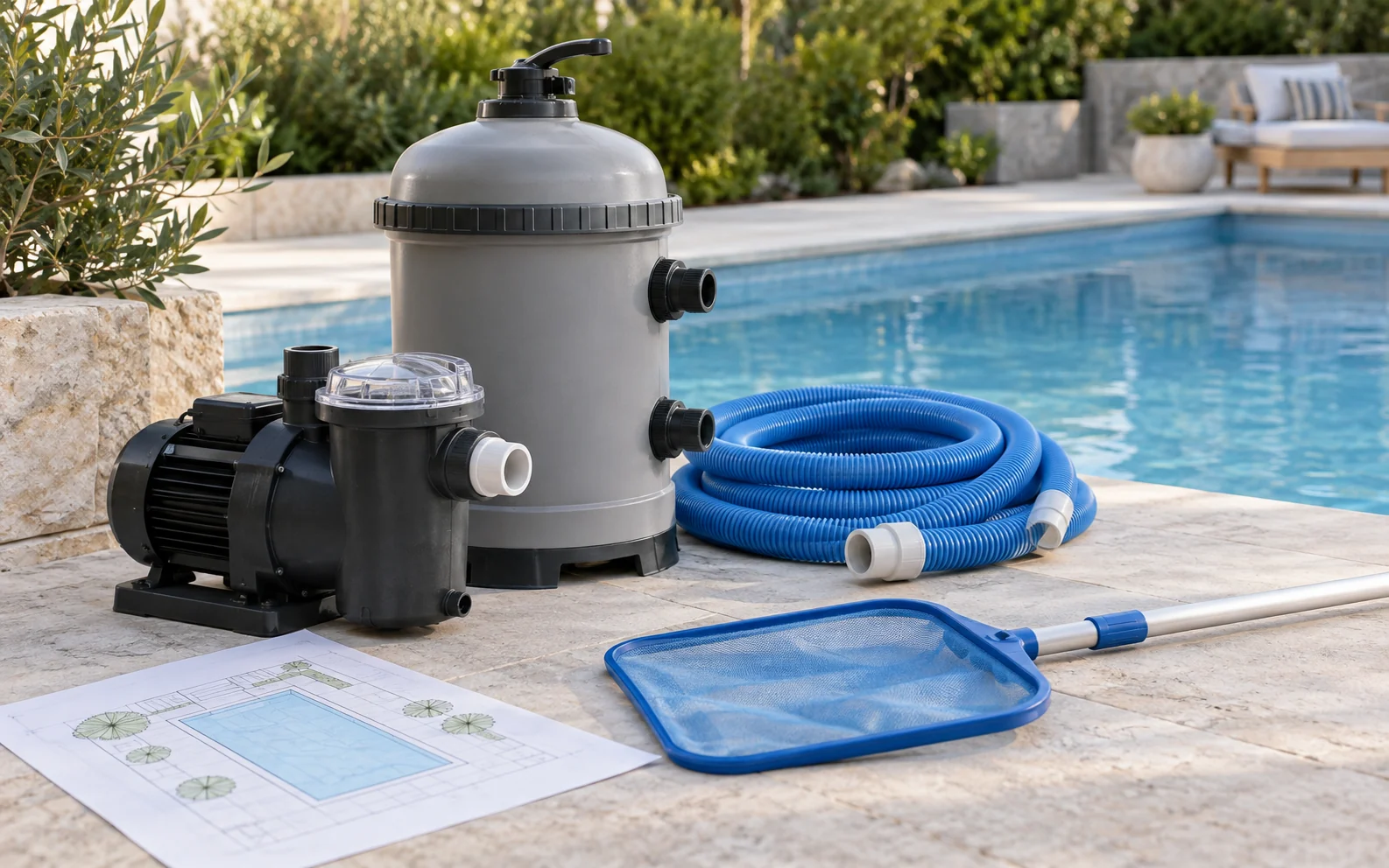 AI-generated photograph of pool pump, filter, vacuum hose and skimmer beside a pool plan