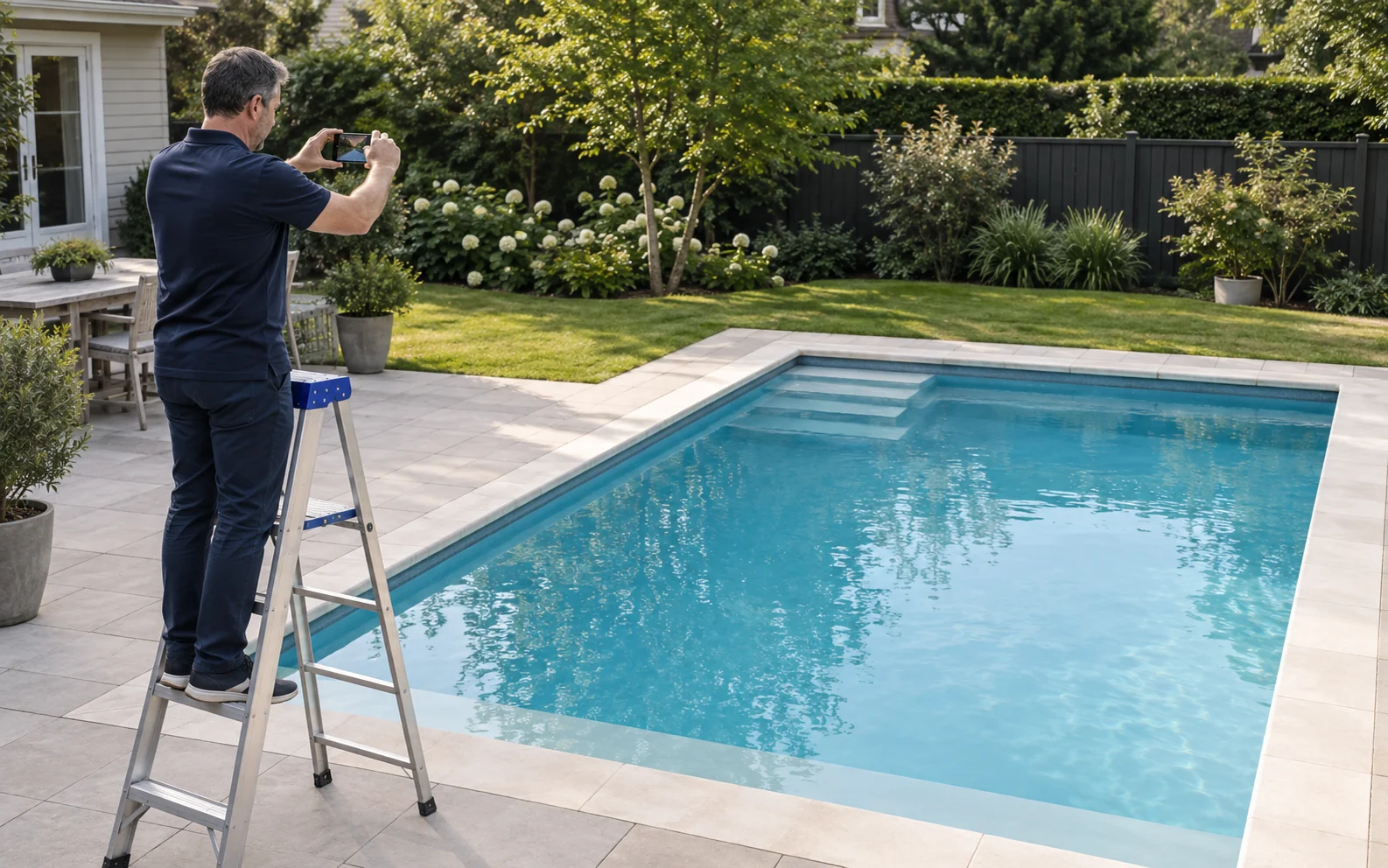 AI-generated photograph of a person photographing a swimming pool from a ladder