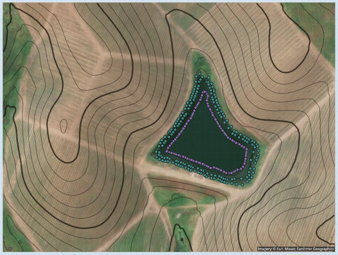 A pond traced over satellite imagery with USGS LiDAR terrain contours around the shoreline.