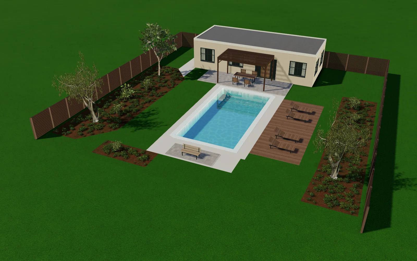 Pool courtyard rendered by the planner, with decking, planting and outdoor furniture